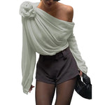 Women's Off Shoulder Tops Elegant Long Sleeve Asymmetrical Neck Ruched Chiffon Blouse Shirts Going Out Top Y2k Shirts