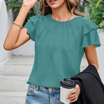 Women's Ruffle Short Sleeve Shirts Dressy Casual Crewneck Tops Trendy Outfits