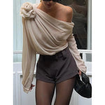 Women's Off Shoulder Tops Elegant Long Sleeve Asymmetrical Neck Ruched Chiffon Blouse Shirts Going Out Top Y2k Shirts