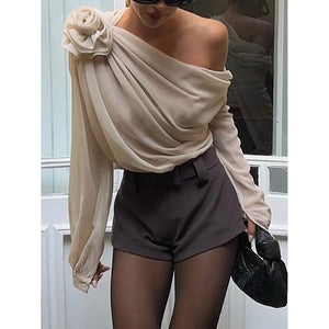 Women's Off Shoulder Tops Elegant Long Sleeve Asymmetrical Neck Ruched Chiffon Blouse Shirts Going Out Top Y2k Shirts