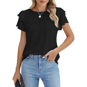 Women's Ruffle Short Sleeve Shirts Dressy Casual Crewneck Tops Trendy Outfits