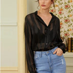 See-through tops striped shirts for sun protection