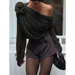 Women's Off Shoulder Tops Elegant Long Sleeve Asymmetrical Neck Ruched Chiffon Blouse Shirts Going Out Top Y2k Shirts
