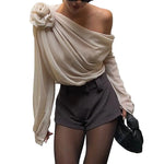 Women's Off Shoulder Tops Elegant Long Sleeve Asymmetrical Neck Ruched Chiffon Blouse Shirts Going Out Top Y2k Shirts