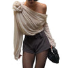 Women's Off Shoulder Tops Elegant Long Sleeve Asymmetrical Neck Ruched Chiffon Blouse Shirts Going Out Top Y2k Shirts