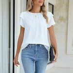 Women's Ruffle Short Sleeve Shirts Dressy Casual Crewneck Tops Trendy Outfits